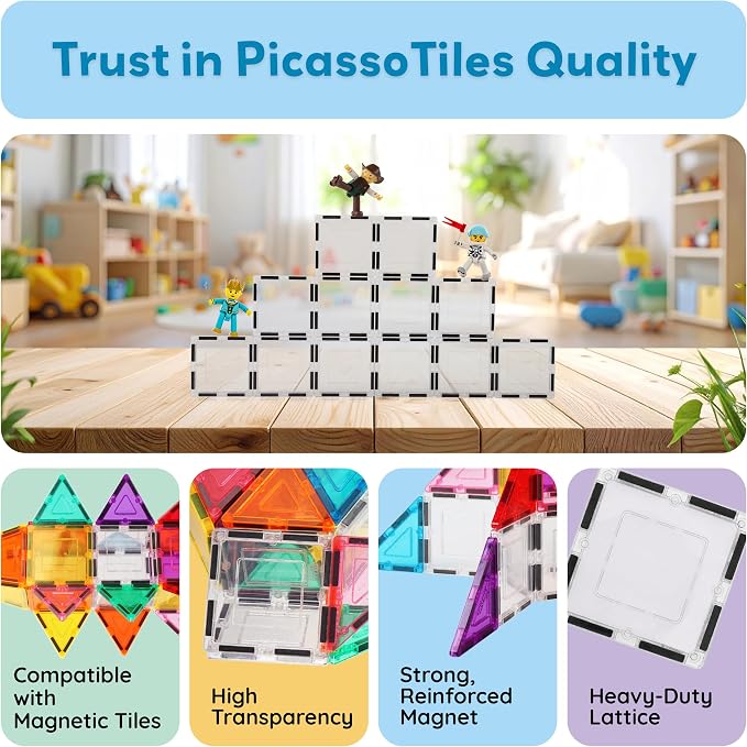 PicassoTiles Clear Transparent Magnetic Tile Expansion Set STEM Educational Construction Toy Kit for Kids Age 3 Plus Magnet Building Blocks Preschool Learning Creativity and Skill Development PTE13