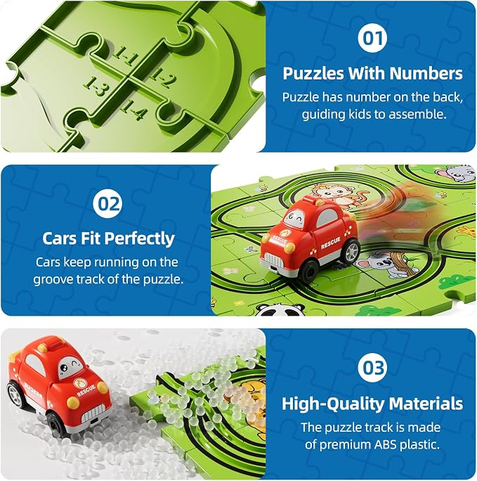 Bennol 39PCS Puzzles Race Tracks Car Toys for 1 2 3 4 5 Year Old Boys Toddlers, Cars Gifts Puzzle Set with Race Track, Toddler Car Toy Set for Kids Boys Girls