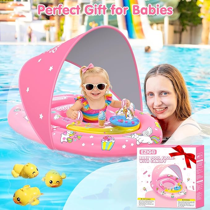 EZIGO Baby Pool Float with Canopy UPF50+ Sun Protection, Inflatable Kids Pool Floats with Ocean Animal Toys for Baby 6-36 Months, Infant Swimming Float with Adjustable Safety Seat for Boys Girls