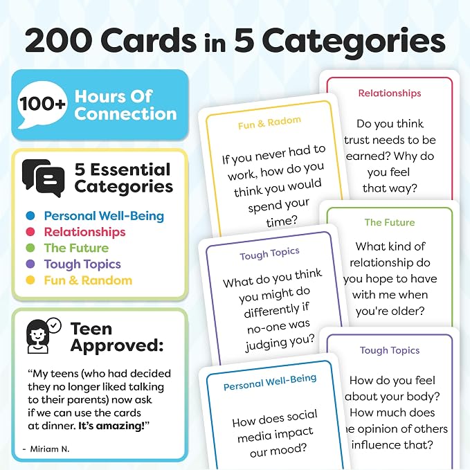 200 Conversation Cards for Teens - Deep Questions to Build Trust, Spark Self-Expression & Strengthen Bonds | for Parents, School Counselors, Therapists & Teachers