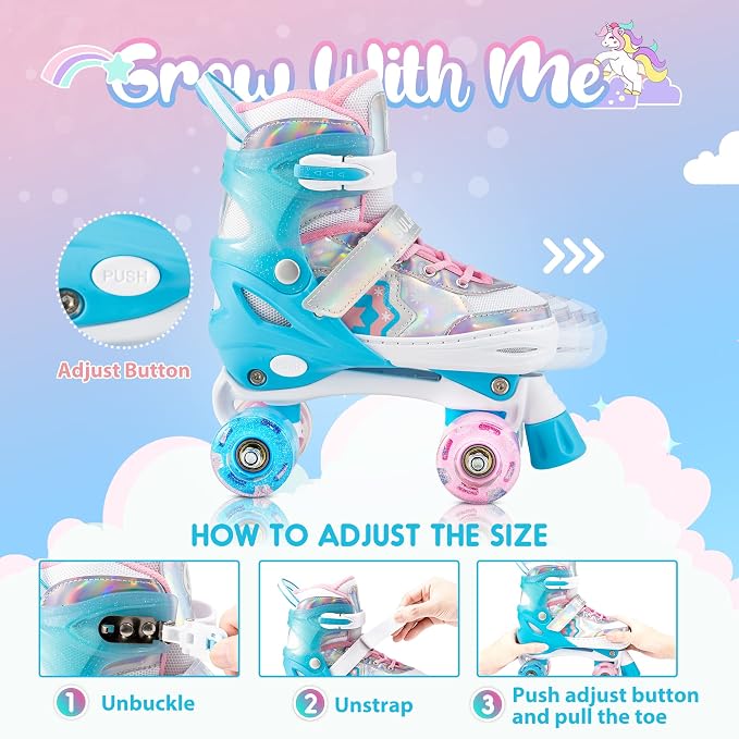 SULIFEEL Rainbow Unicorn 4 Size Adjustable Roller Skates for Girls Boys for Kids Ages 3-5 5-8 6-12 Children Skates Indoor Outdoor