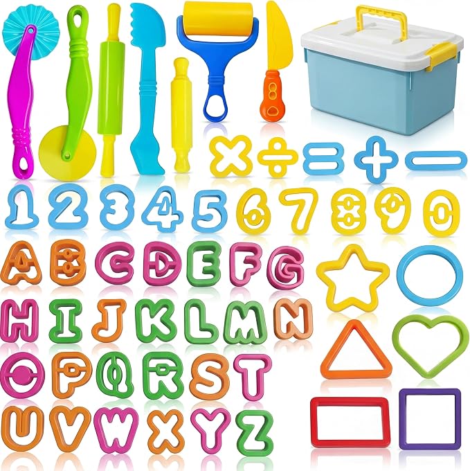 55 Pcs Alphabet & Number Dough Tool Set – Clay Play Kit for Kids with Rolling Pins, Geometric Cutters & Letter Molds, Modeling Accessories for Creative Learning