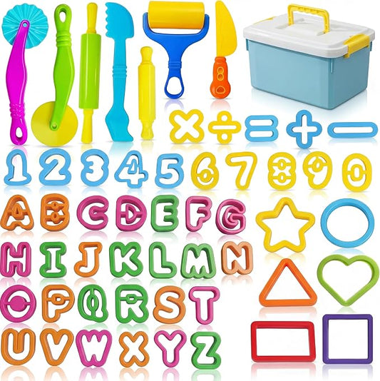 55 Pcs Alphabet & Number Dough Tool Set – Clay Play Kit for Kids with Rolling Pins, Geometric Cutters & Letter Molds, Modeling Accessories for Creative Learning