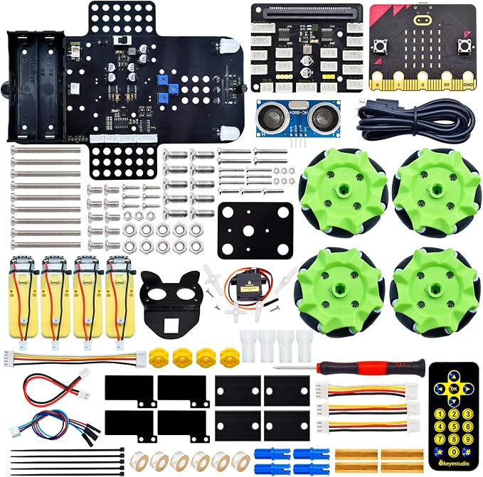 KEYESTUDIO 4WD Smart Car Coding Robot Kit with Microbit V2 for Makecode and Python, DIY Building Robot Kit for STEM Education 15+, IR Remote/APP Control