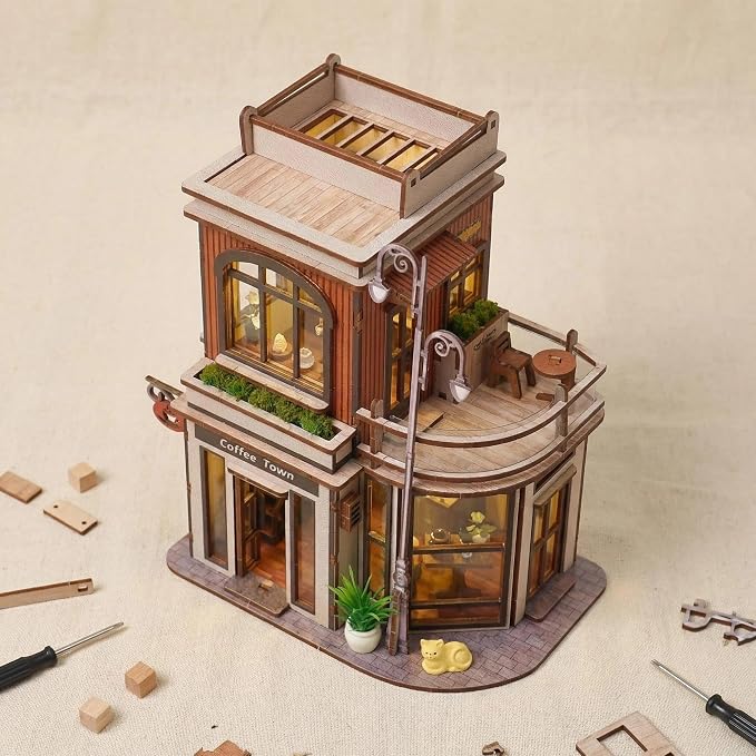 DIY Book Nook Kit, DIY Miniature House Wooden Coffee Shop Dollhouse with LED Light, 3D Wooden Puzzle for Adults & Teens Creative Bookshelf Decor, Craft Hobby Gift