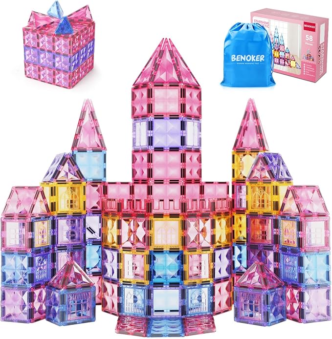 BENOKER Pink Castle Magnetic Tiles for Kids Ages 3-8, 3D STEM Toys with Sparkling Building Blocks, Creative Educational Gift for Boys and Girls, Preschool Learning Toys for Birthday