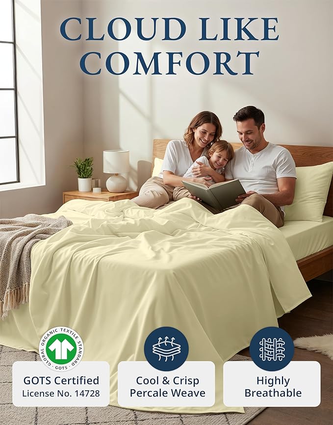 LANE LINEN Twin XL Sheet Set 100% Organic Cotton Percale Cooling - Vanilla | Twin XL Sheet Set, Pure Long-Staple Organic Cotton - Crisp, Cool & Breathable, For Hot Sleepers, All-Season Comfort