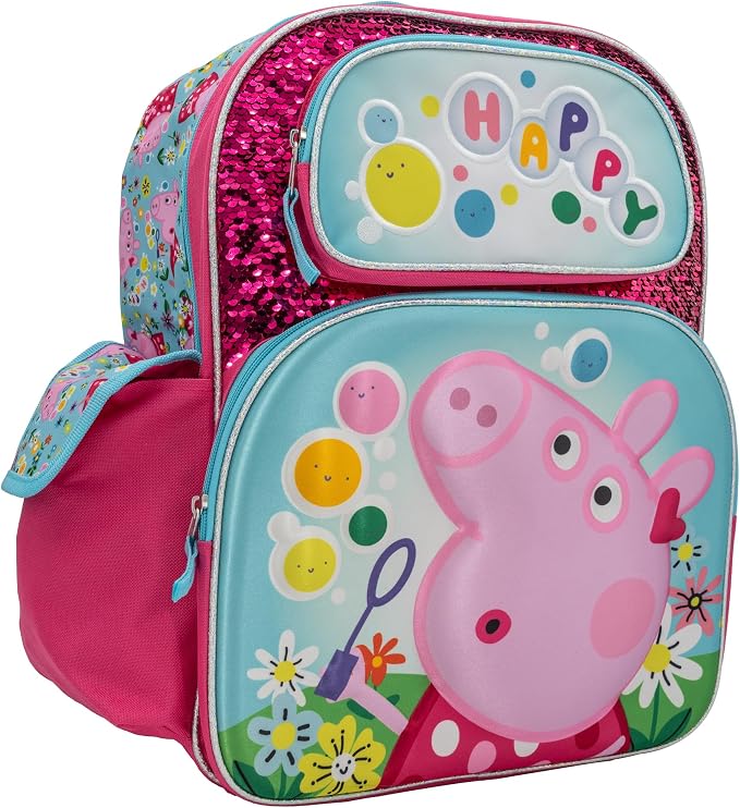AI ACCESSORY INNOVATIONS Peppa Pig 16” Backpack, Girls Travel Bag Featuring Flip Sequins & 3D Molded Satin Front Zip Pocket, Pink