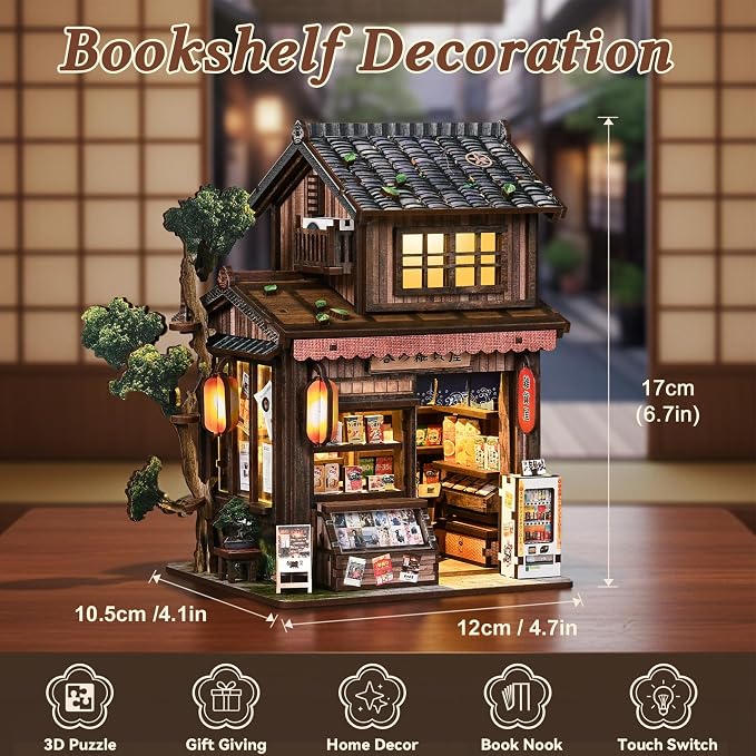 ISSEVE Japanese Book Nook Kit Kasuga Grocery Store Miniature House Kit | Bookshelf Insert Decor, Gifts for Women Book Lovers Friends Holidays, For adults Beginners, DIY Crafts Kit, 3D Wooden Puzzle
