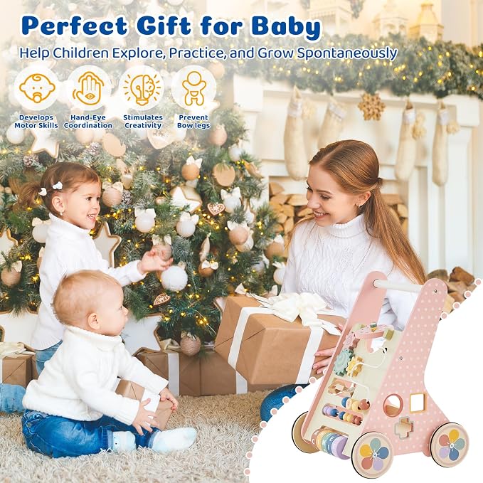 Wooden Baby Walker with Wheels, Montessori Push Walker | Adjustable-speed wooden baby walker with Montessori activities and rubber wheels for safe learning to walk.