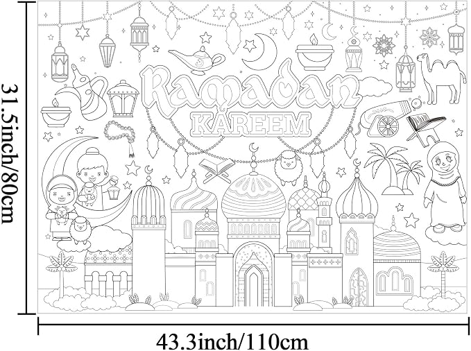 ZOIIWA Ramadan Mubarak Coloring Poster for Eid Giant Coloring Poster Large Ramadan Kareem Coloring Tablecloth Jumbo Coloring Book for Classroom Home Birthday Party Supplies Favor 31.4 x 43.3 Inch