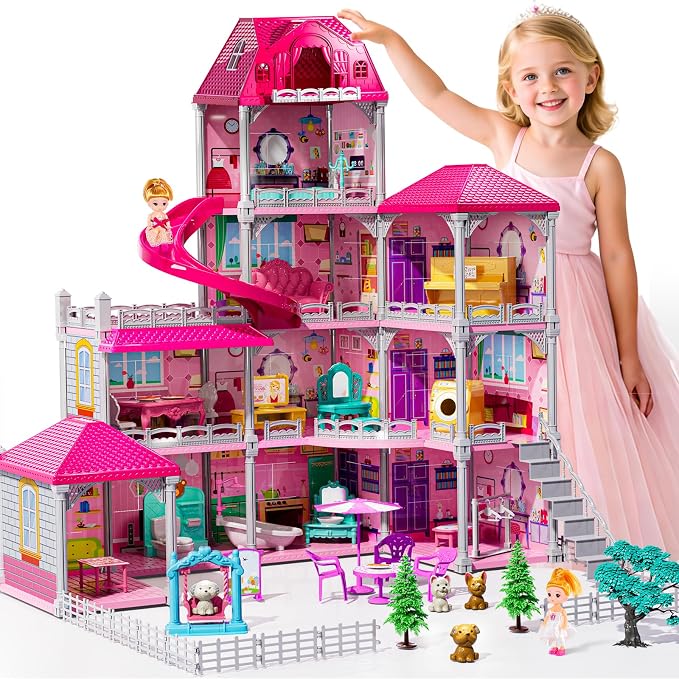 JUKUDAHU Villa Playset for Girls Ages 3-7, 4-Storey House with 10 Rooms, 2 Dolls, Furniture and Accessories, Indoor Playset Girls Toys for Ages 6-8, Pretend Toddler Toys, Birthday Gifts for Kids 4-8