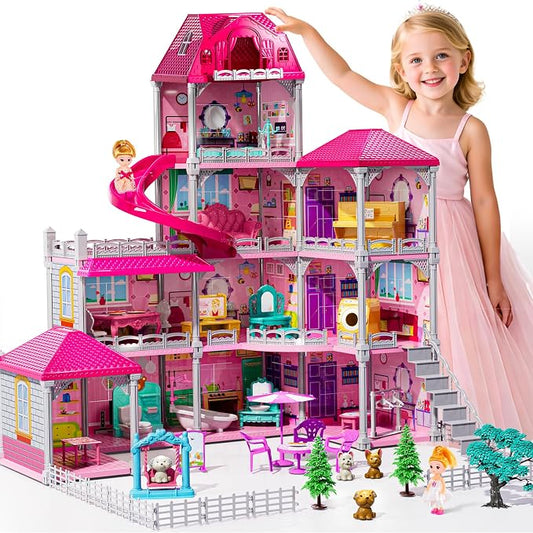 JUKUDAHU Villa Playset for Girls Ages 3-7, 4-Storey House with 10 Rooms, 2 Dolls, Furniture and Accessories, Indoor Playset Girls Toys for Ages 6-8, Pretend Toddler Toys, Birthday Gifts for Kids 4-8