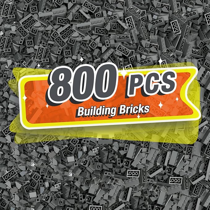 800 Pieces Building Bricks, 5 Sizes Building Pieces, Classic Slope Block Bulks - Compatible with All Major Brands, Dark Grey