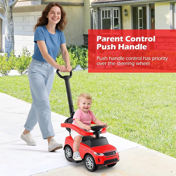Licensed Push Car for Toddlers by INFANS, 3 in 1 Sliding Walking Car with Push Handle, Horn, Music, Underneath Storage, Foot-to-Floor Ride on Toys for Boys Girls (Red)