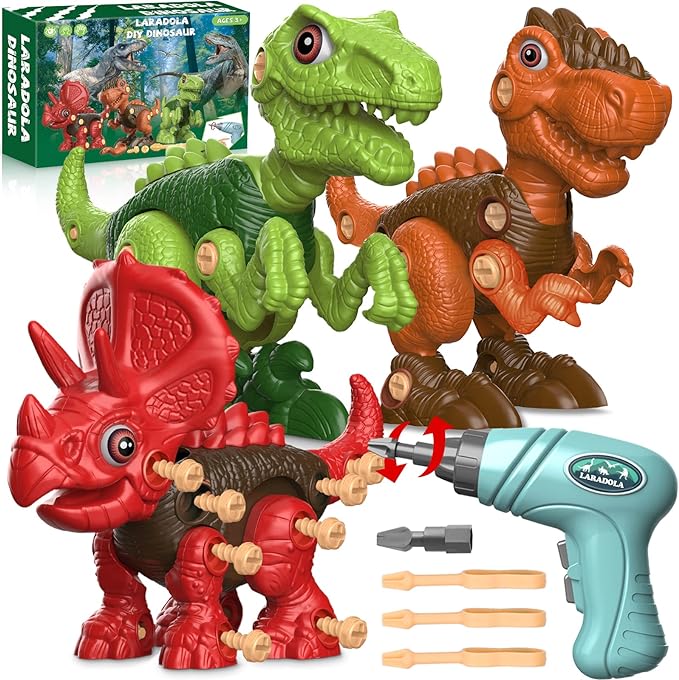 Laradola Assemble Dinosaur Toys for Kids: 3 Pack STEM Construction Building Set with Electric Toy Drill & Screwdrivers - Birthday Gift for Boys Girls Ages 3-5 5-7
