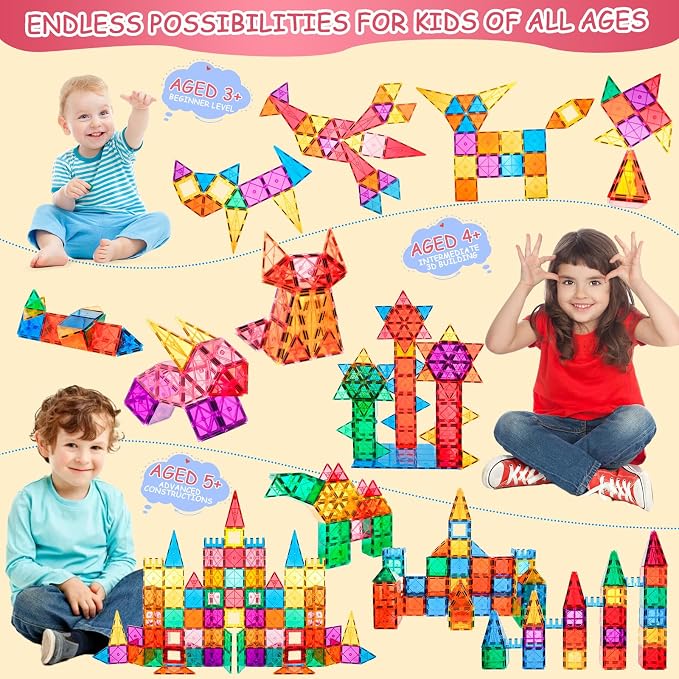 Lotmey 132PCS Magnetic Tiles with 2 Cars Deluxe Set, 3D Magnetic Building Blocks, Preschool Magnetic STEM Toys Sensory Educational Toys for Toddlers Kids 3 4 5 6 7 8-12, Gift for Boys Girls