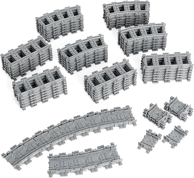 MANNIDOO Classic City Train Tracks, 72 Pieces Railroad Track with 24 Flexible, 24 Curved and 24 Straight Tracks, Train Expansion Accessories Compatible with All Major Brands Train Tracks