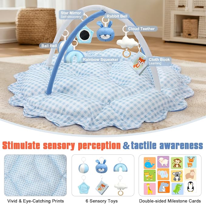 5-in-1 Baby Gym Play Mat with Cartoon Pattern, Extra Thick Plush Tummy Time Activity Gym with Hanging Toys, Sensory Development & Motor Skills Training Floor Mat, Blue