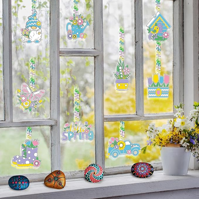 Pasimy 36 Sets Spring Crafts Kits Bulk Spring Suncatchers DIY Paint Your Own Flower Butterfly Gnome Bird Hanging Ornaments Pastel Watercolor Arts Gifts for Classroom Activities Project Window Decor