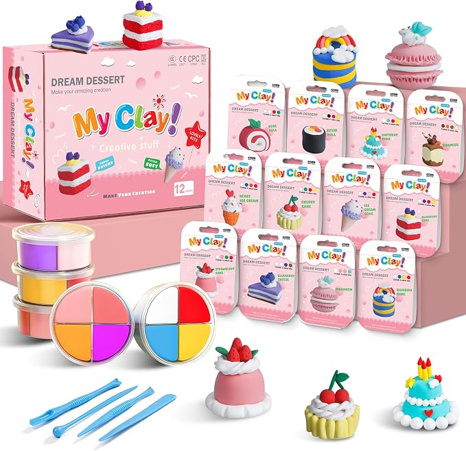 Air Dry Clay Kit, Modeling Clay for Kids, 12 Pack Dessert Theme, Soft Non-Sticky, Non-Toxic DIY Arts & Crafts with Sculpting Tools & Tutorials, Birthday Holiday Classroom Gifts, Party Favors for Kids