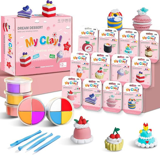 Air Dry Clay Kit, Modeling Clay for Kids, 12 Pack Dessert Theme, Soft Non-Sticky, Non-Toxic DIY Arts & Crafts with Sculpting Tools & Tutorials, Birthday Holiday Classroom Gifts, Party Favors for Kids