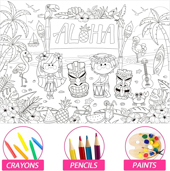 ZOIIWA Hawaiian Aloha Giant Coloring Poster Large Summer Coloring Sheet Big Luau Tropical Table Cloth Jumbo Books Page for Home Craft Activity Game Birthday Party Decoration Supplies 31.5 x 43.3 Inch
