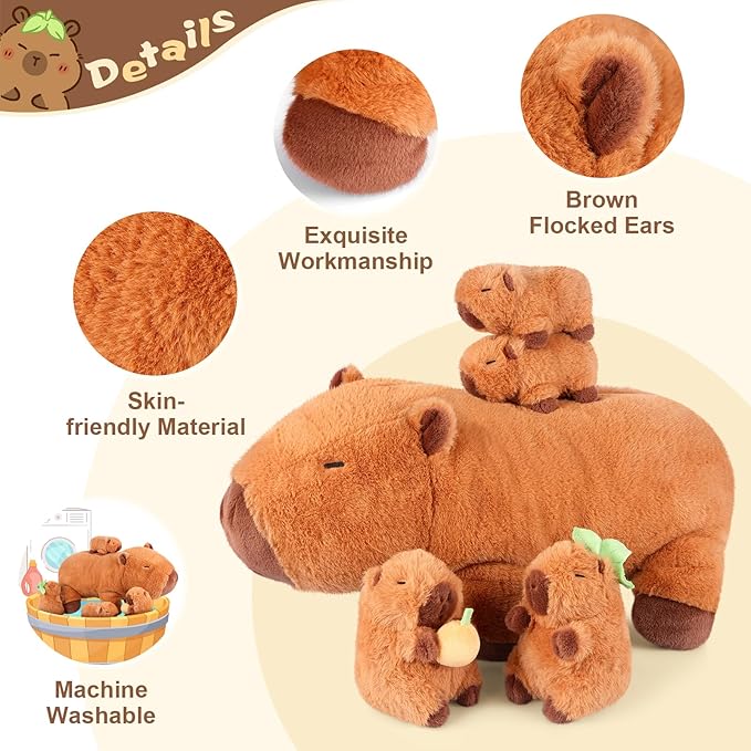 SuzziPals 5-in-1 Capybara Stuffed Animals with Babies Inside, 5Pcs Set Capybara Plush with Mommy & 4 Babies, Soft Pillow Plushies Decor, Cute 3 to 8 Year Old Girl Gift, Imaginative Play Toy (Capibara)