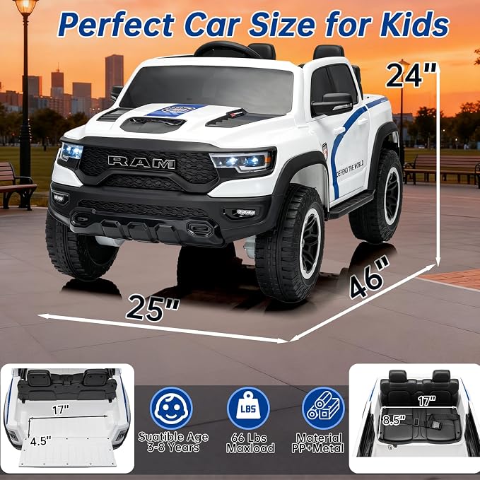 FINITO 4WD Kids 24V 4x4 Kids Ride On 2 Seater Police Truck, Remote Control Ride On Toy Car, Kids' Electric Ride On Truck, Kids' Side by Side Truck for Children Ages 3+, Powered Cars for Kids