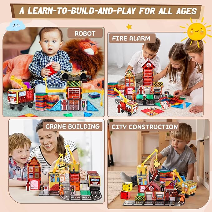 Magnetic Tiles Road Set with 2 Cranes & Double-Sided Magnet Tiles,Boys Toys for Ages 3-5 5-7 8-12,STEM Magnetic Building Construction Toys Include Car,Stations,Dolls,Roads,Signs,Gifts for 3+ Kids