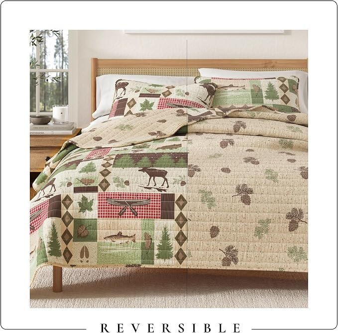 Great Bay Home Lodge Quilt Set - 3-Piece King/California King Size Rustic Bedding Set - Lightweight, All-Season, Reversible Bedspread (Lodge Patchwork)