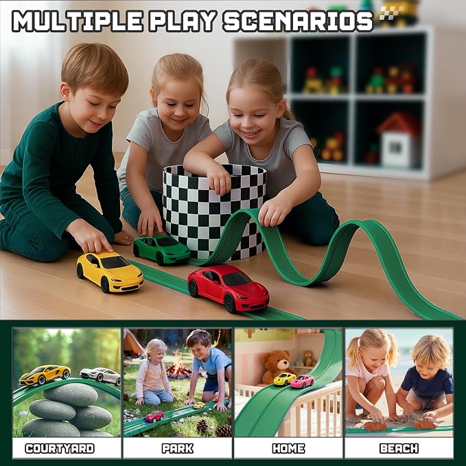 15.75 Ft Flex Track for Kids, Flexible Race Track Compatible with Hot Wheels and Diecast 1/64th Cars, Roll-Up Portable Race Car Ramp Track with Suction Cups & Track Anchors & 4 Race Cars, Green