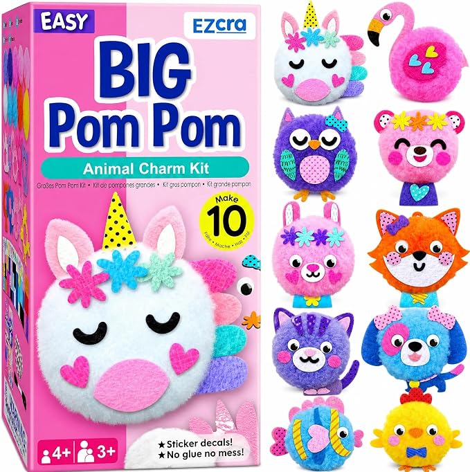 EZCRA Kids Crafts Ages 4-8 – 10 Plush Pom Pom Unicorn and Animals All-in-One DIY Craft Set – Felt Stickers, Educational & Creative Gift for Girls & Boys