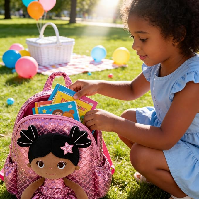 Lazada Toddler Backpack - Baby Girl Gifts Plush Doll Dress Backpack - Fashion Girls Tina Fish Scale Series - Rose Red11 Inches