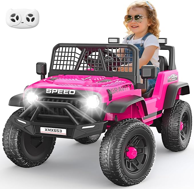 Hikole 24V Electric Car for Kids Ages 4-8 w/Parent Remote, Battery Powered Truck Toys for Toddler Boys Girls, Spring Suspension, Safety Belt, Music Player, 3 Speeds, Bright LED Light, Pink