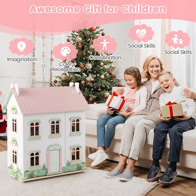 HONEY JOY Doll House, 3-Story Wooden Dollhouse Playset w/Double-Sided Roofs, 5 Rooms, 19 Accessories & Miniature Furniture, Pretend Play Toddler Big Doll House, Gift for Kids Aged 3+ (Pink, 2.2 FT)