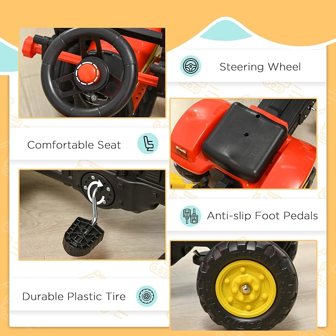 Aosom 3 in1 Kids Ride On Excavator/Bulldozer, Pedal Car Digger Toy Move Forward/Back with 6 Wheels and Detachable Cargo Trailer