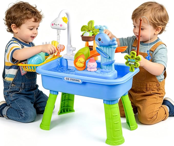 Upgraded Toddler Sand Water Table Toy with Electric Water Pump, Kids Sand Water with Faucet/Play Food Accessories/Fishing Toy, Kitchen Play Sink Toys for Girl Boy Age 3+