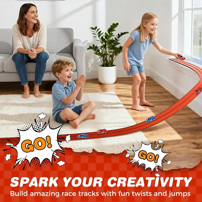 TAEMVV 15 Ft Dual Flexible Race Track for Kids, DIY Ramps Car Track Set Compatible with Hot Wheels 1/64 Diecast Cars, Reinforced Suction Cup for Boys Girls 3+, Red&Black