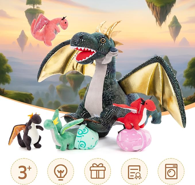 7Pcs Giant Dark Green Dragon Plush Toy, 21.7" Big Mother Dragon Stuffed Animal with 4 Babies & 2 Eggs, Stuffed Dinosaurs for Kids Boys Girls, Cute Soft Plushies Gift for Birthday Christmas