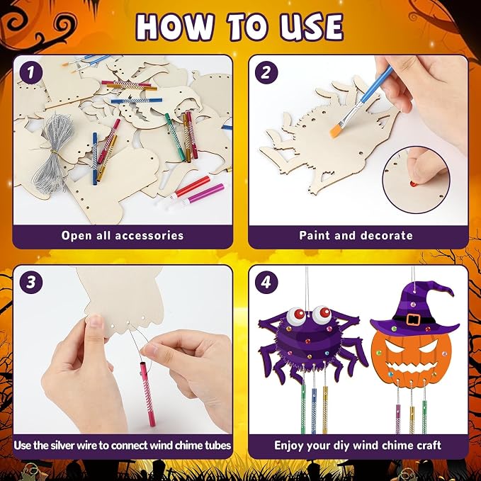 gisgfim 16 Pack Halloween Wind Chime Kits Crafts for Kids Make Your Own Ghost Wind Chime Wooden DIY Arts and Crafts for Halloween Party School Classroom Decoration Supplies Birthday Favors