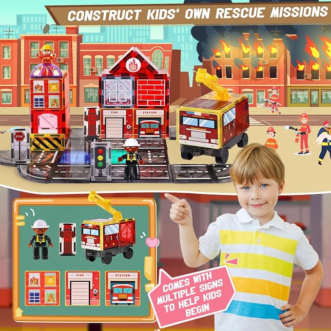 Magnetic Tiles Road Set with 2 Cranes & Double-Sided Magnet Tiles,Boys Toys for Ages 3-5 5-7 8-12,STEM Magnetic Building Construction Toys Include Car,Stations,Dolls,Roads,Signs,Gifts for 3+ Kids