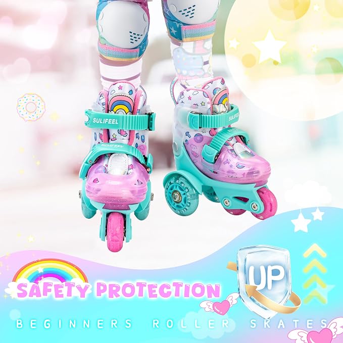 SULIFEEL Adjustable Roller Skates for Girls Boys Kids,Fun Illuminating Light Up Flash Wheels Three-Point Type Balance Suitable for Beginners Indoor Roller Skating