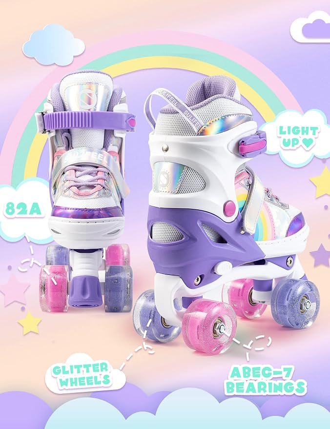 SULIFEEL Rainbow Unicorn 4 Size Adjustable Roller Skates for Girls Boys for Kids Ages 3-5 5-8 6-12 Children Skates Indoor Outdoor