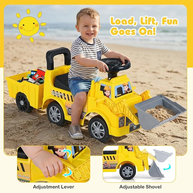 Costzon Ride on Excavator, Kids Tractor Digger Bulldozer Push Car w/Shovel, Detachable Trailer, Under-Seat Storage, DIY Stickers, Sit and Scoot Ride on Toy, Construction Car for Toddler 18+ Months