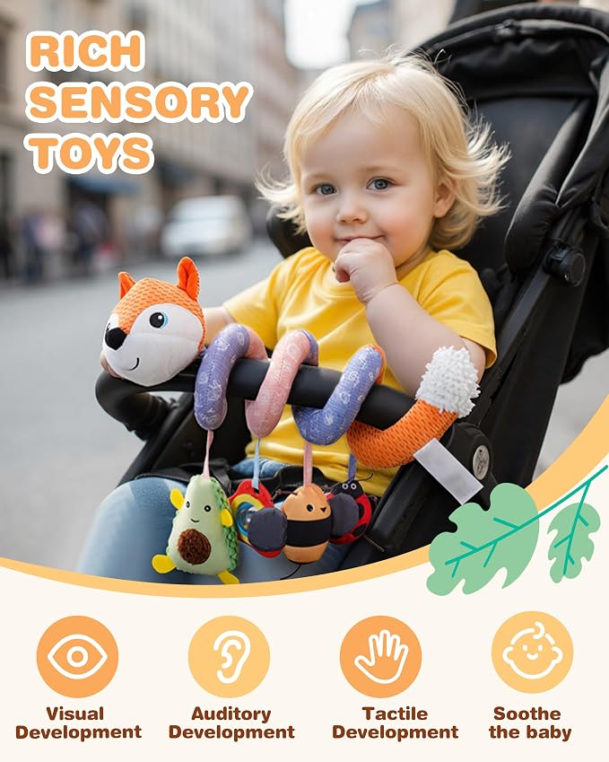 Jollybaby Crib Stroller Car Seat Toys for Baby 0-3-6-9-12 Months, Tummy Time Hanging Sensory Toys for Newborn with Music Box and Teether, Spiral Carseat Toy for Infant Boys Girls Gifts (12-Grey Fox)