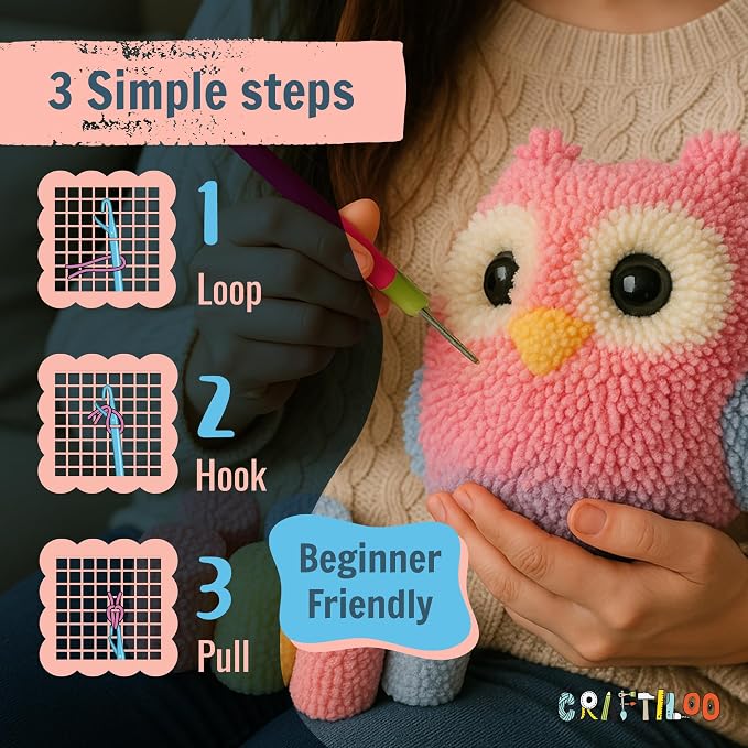 CRAFTILOO Latch Hook Kit for Kids Rug DIY Pillow Craft with Hook, Precut Yarn, Easy to Follow Pattern Cute Designs with Wise Owl Ages 6+