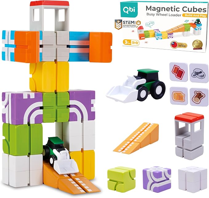 QBI Magnetic Blocks for Toddlers Ages 3+ | STEM Magnetic Block Tracks with Wheel Bulldozer & Tiles | 3D Colorful Magnet Building Blocks for Boys & Girls | Early Learning Sensory Toy – 21 Pieces