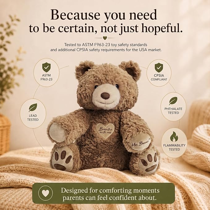 Breathing Teddy Bear Stuffed Animal for Anxiety Relief - Cuddly Breathing Plush with Calming Sounds and Gentle Light - Sleep Companion for Kids 3+, Teens and Adults - Machine Washable