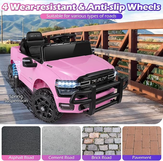 Costzon Ride On Car, 12V Licensed RAM Kids Electric Vehicle w/Remote Control, LED Lights, Music, Horn & Wireless Connection, Soft Start, Ride On Toy Kids Car for Boys Girls (1-Seater,Pink)